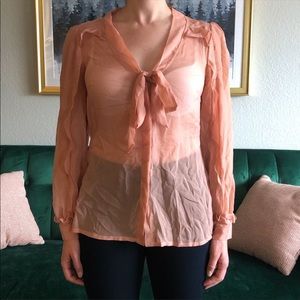 Monsoon Sheer Salmon Button Down Tie Top Blouse